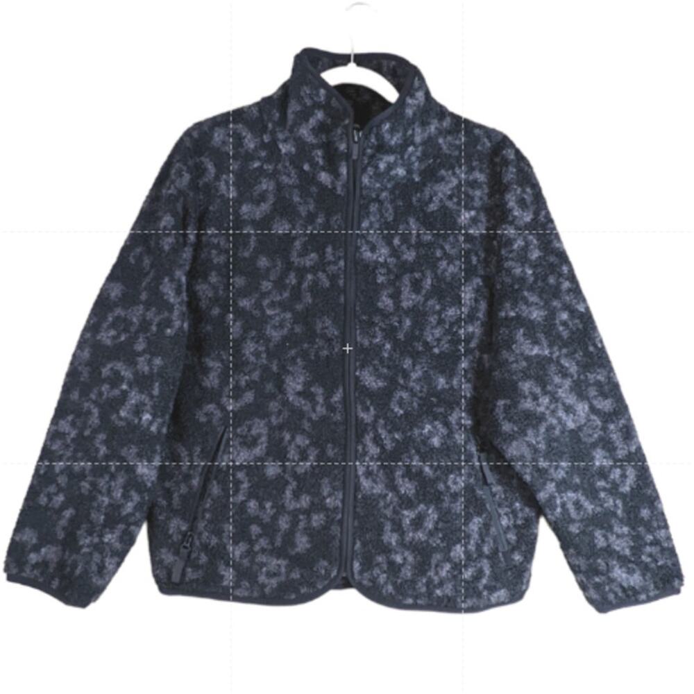 All in Motion Animal Print Sherpa Jacket Dark Gray M Relaxed Zipper‎ Leopard New